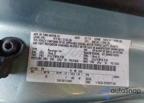 2012 Ford Focus Se z USA, uszkodzony, nr VIN 1FAHP3F28CL475798